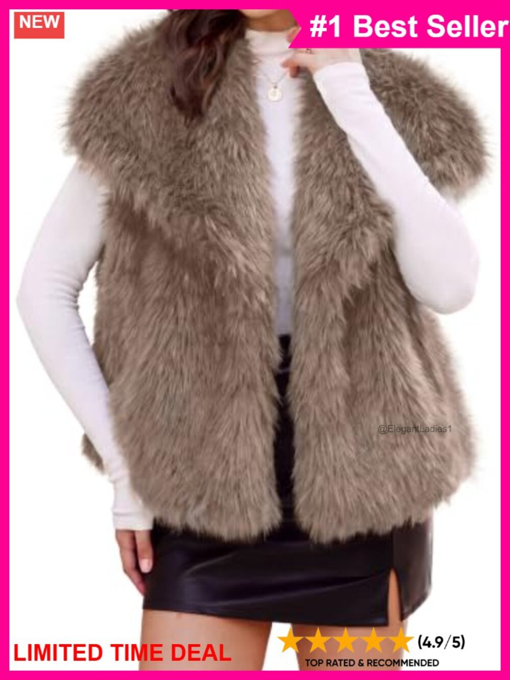 Faux Fur Vest Sleeveless Snap Button Lapel Collar Lined Winter Outerwear